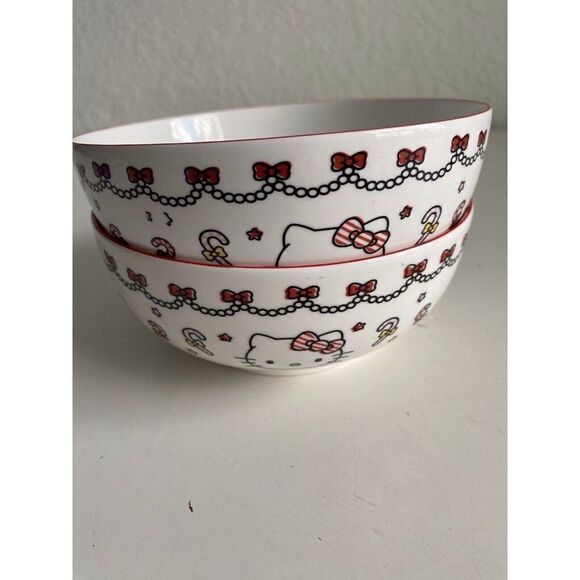 Set Of 2 Sanrio Hello Kitty Ceramic 27 Oz Bowl Christmas Candy Cane Garland NEW - Picture 5 of 13